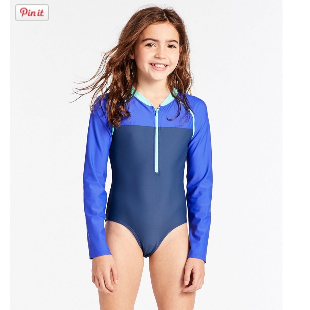 LL Bean Kids Girls Size 14 Bathing Suit One Piece Long Sleeve Swim Blue 1/4 Zip